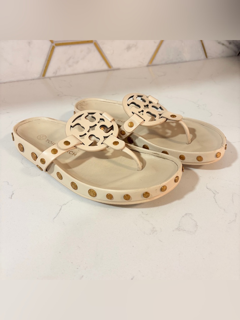 Tory Burch Cream Leather Studded Miller Platform Slide Sandals - Size 6.5
